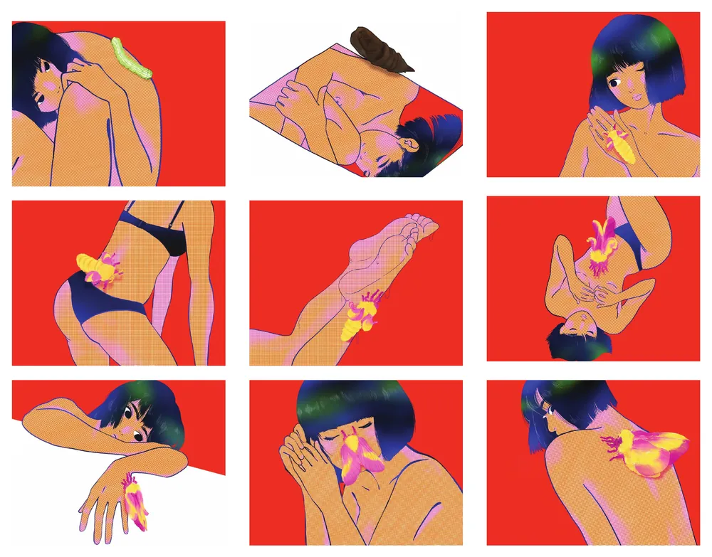 For her: nine flat-colour illustrations of figures on red and white grounds