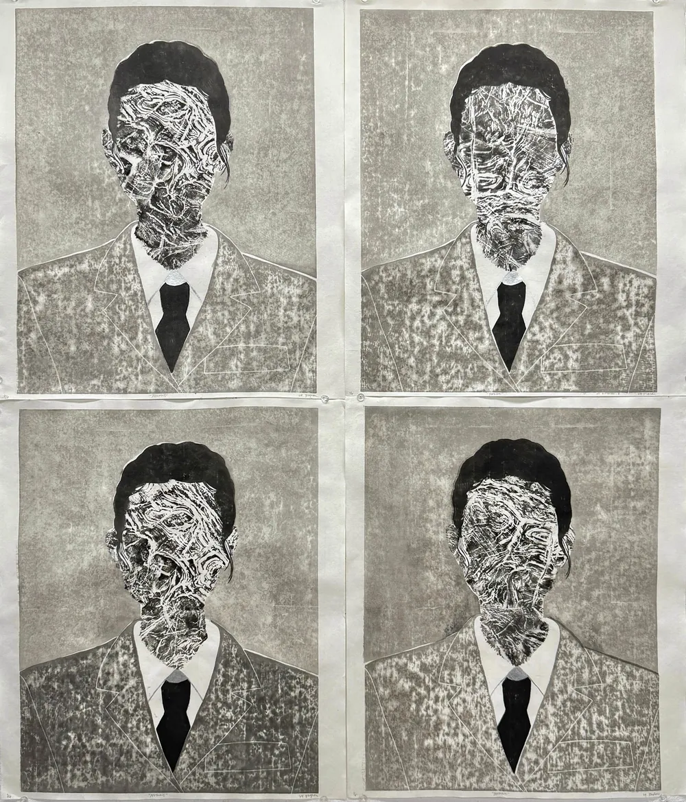 Portrait: four printed bust portraits whose faces are overlaid with rubbed stone texture