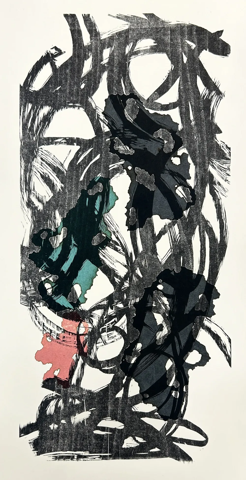 The Welcoming Stone: tall gestural black ink printed form with teal and pink accents